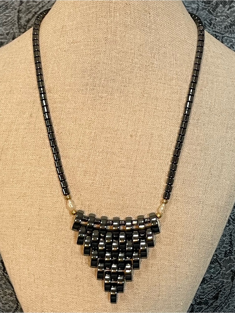 Vintage Polished Hematite & Freshwater
Pearl Triangle Bib Statement Necklace